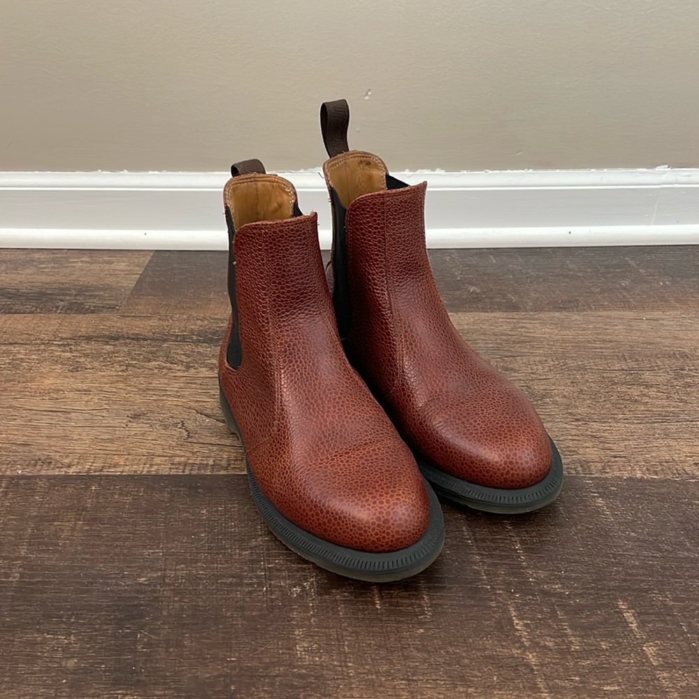 Pair of brown Dr. Martens Flora chelsey boots